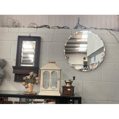 322 - Mid Century frameless bevel edged mirror (50cm) & Edwardian oak hall mirror with comb box