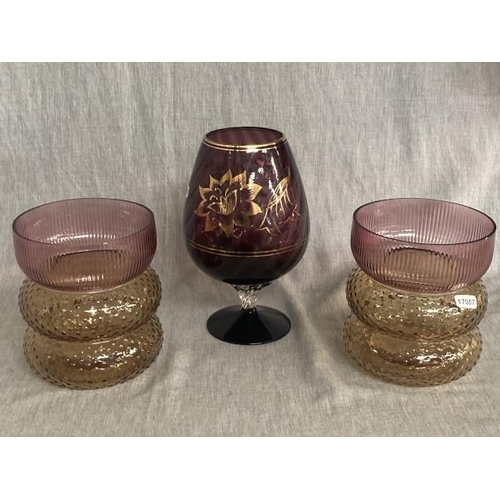 325 - Pair of ribbed glass vases & purple & gilt glass vase