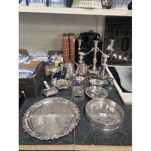 354 - Collection of silver plate inc. candelabra, pair of candlesticks, Dunhill table lighter, galleried s... 