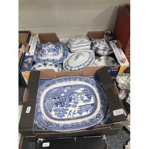 355 - 2 boxes of blue & white pottery inc. iron stone meat plates