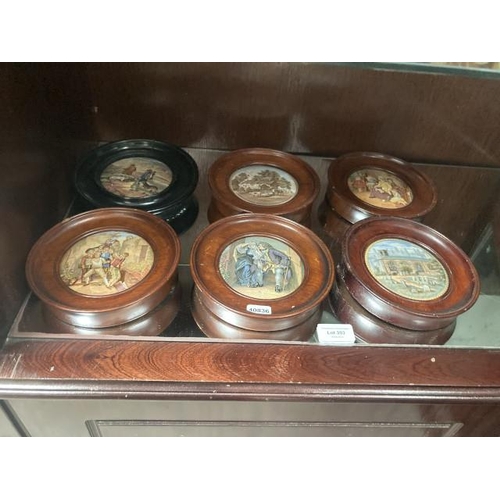 393 - 6 framed pot lids (16.5cm diameter)(Two as seen, repaired)