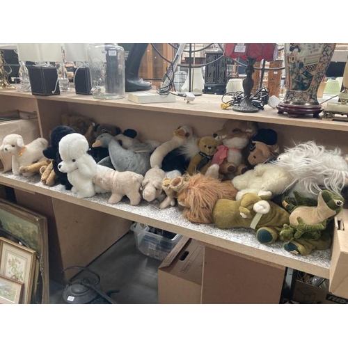 401 - Vintage “Merrythought” animals including black poodle, white poodle, ostrich, duck, lion, hippo PJ c... 