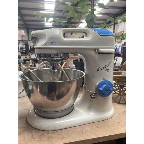 441 - Kenwood chef with stainless steel bowl, balloon whisk & K mixer