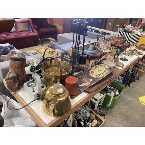 486 - Assorted silver plate, brass jam pan, copper colander, bowls, pans etc 9 play worn vehicles includin... 