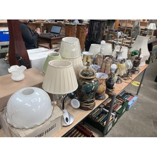 491 - Large assortment of table lamps, shades, glass shades etc