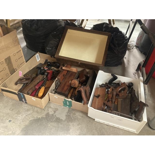 496 - 3 good boxes of assorted workshop tools in clean condition including planes, handsaws, chisels etc a... 