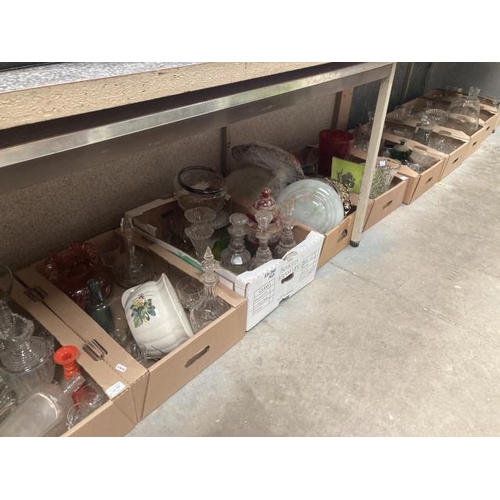 498 - 10 mixed boxes of glassware inc. Vic./Edw., crystal, pitchers, ceiling shades, bonbon dish, decanter... 