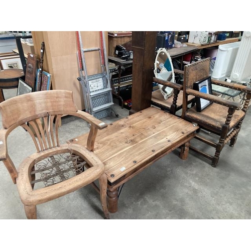 503 - Pair of oak and leather carver chairs 55W, oak captains chair (requires attention), Mexican pine cof... 