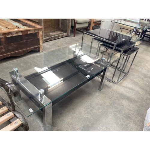 508 - Contemporary chrome and glass coffee table 42H 120W 60D and matching nest of 3 tables 55H 50W 50W