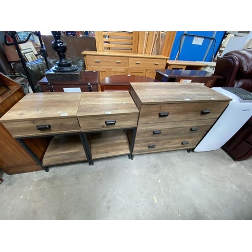 61 - Contemporary 3 drawer chest 64H 80W 41D and 2 matching bedside tables 69H 45W 40D