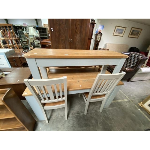 72 - Pine kitchen table 75H 150W 80D with 2 matching chairs and 2 benches