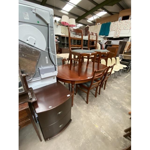 92 - Cherry wood extending dining table 73H 130-176W 110D with 6 chairs and a 2 drawer mahogany filing ca... 