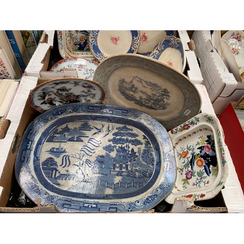 468 - 2 boxes of assorted china including blue and white, meat platters, Ironstone etc