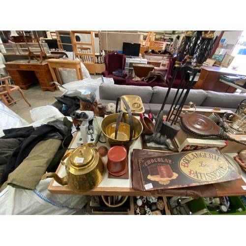 486 - Assorted silver plate, brass jam pan, copper colander, bowls, pans etc 9 play worn vehicles includin... 