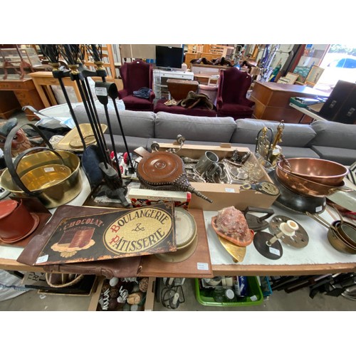 486 - Assorted silver plate, brass jam pan, copper colander, bowls, pans etc 9 play worn vehicles includin... 