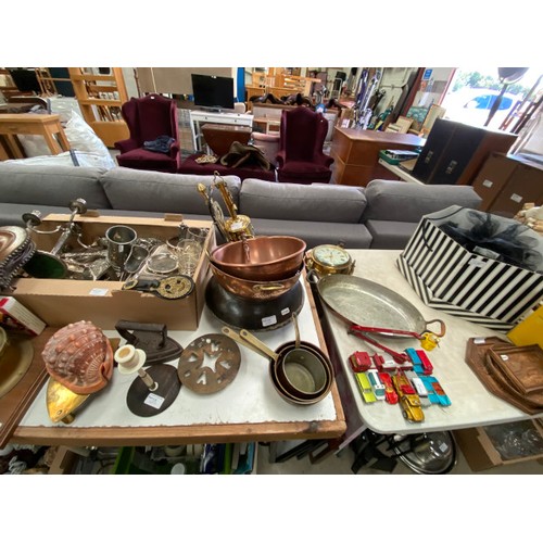 486 - Assorted silver plate, brass jam pan, copper colander, bowls, pans etc 9 play worn vehicles includin... 