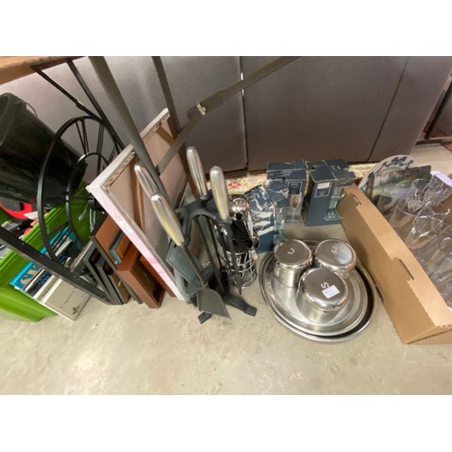 492 - 2 boxes of glasses including Stuart Crystal, stainless steel caddies, kitchen tools, lanterns, shabb... 