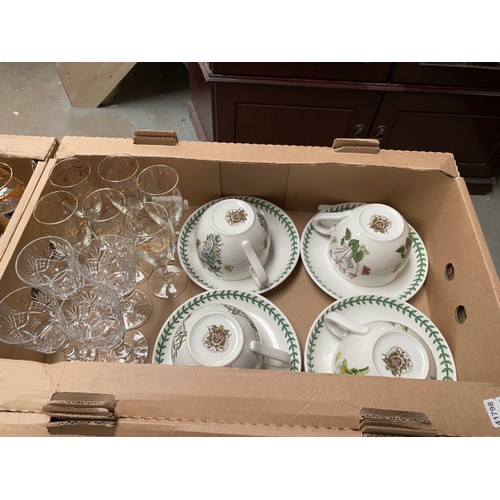 399 - 3 boxes containing 4 Portmeirion oversized cups & saucers, 5 S&A Bockling figurine glasses, tobacco ... 