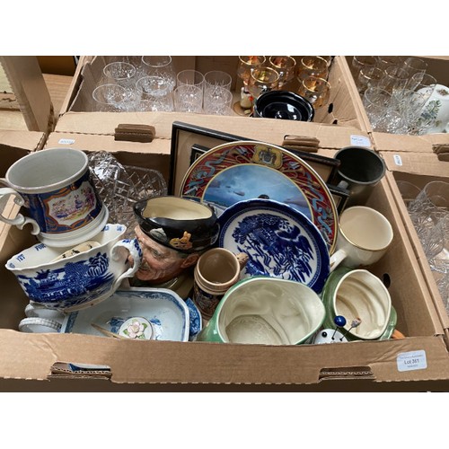 399 - 3 boxes containing 4 Portmeirion oversized cups & saucers, 5 S&A Bockling figurine glasses, tobacco ... 