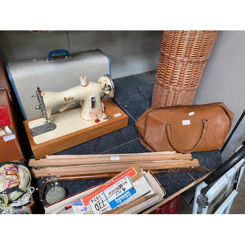 352 - Cased Topline sewing machine (no mains lead), silver collared horn handled riding crop, wicker stick... 