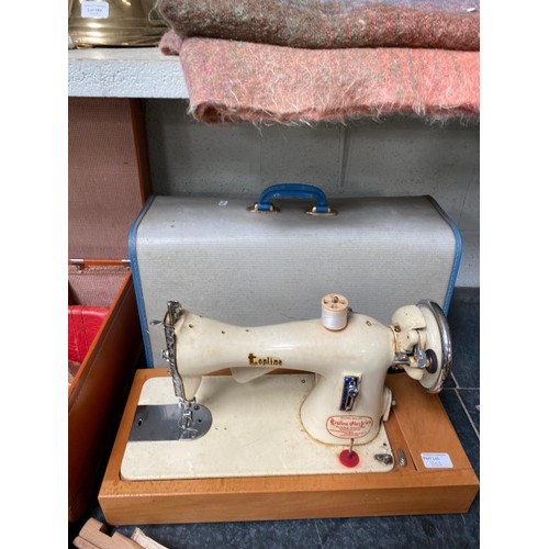 352 - Cased Topline sewing machine (no mains lead), silver collared horn handled riding crop, wicker stick... 