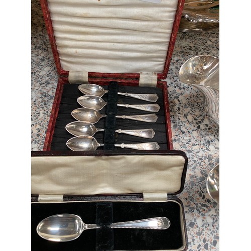 426 - Collection of silver plate, cased silver christening spoon & small collection of coins