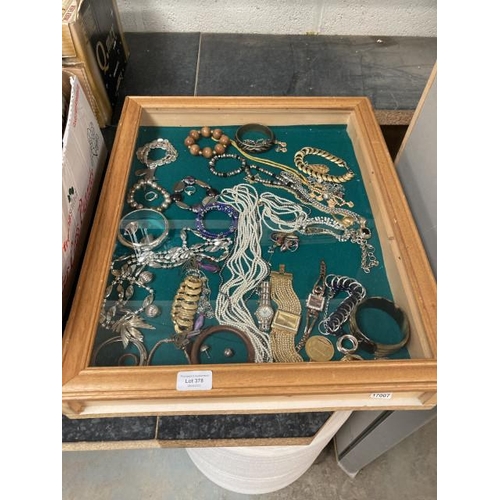 378 - Display case with costume jewellery, cocktail watches etc