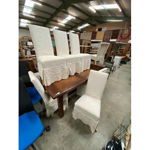 62 - Mango wood refectory table 78H 161W 90D and 6 cream upholstered chairs