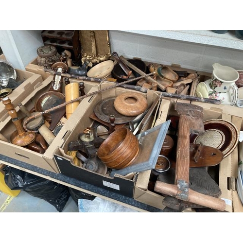 381 - 5 good boxes of treen to include candle stands, fruit bowls, barometer, bellows, tobacco jar etc