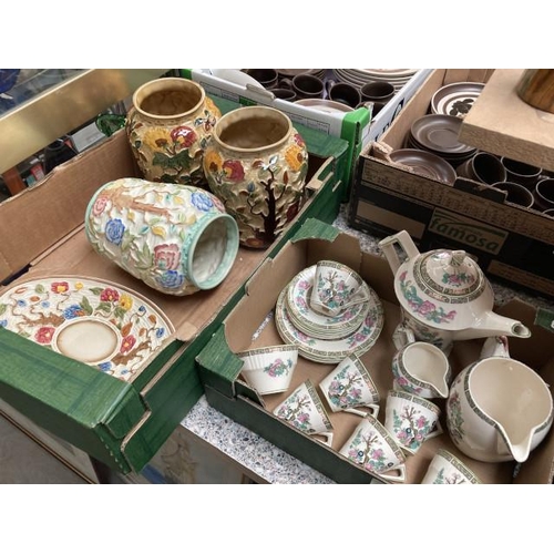 414 - 2 boxes containing 26 pieces of Indian Tree pottery inc. Myott coffee service, pair of H.J. Wood vas... 