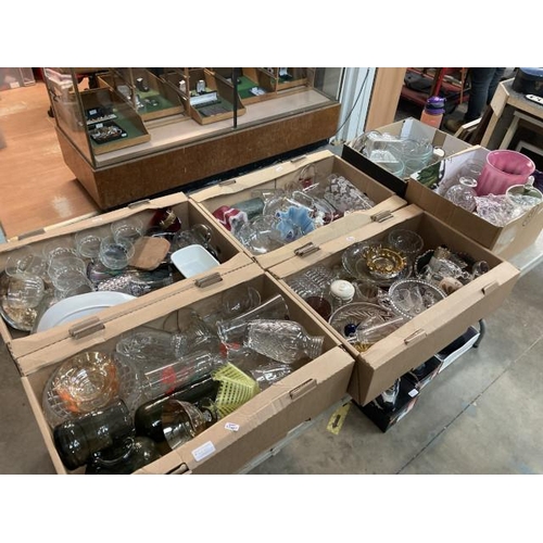 417 - 6 boxes containing vintage glassware, handkerchief vases, cut glass, pressed, Carnival, bottles etc.