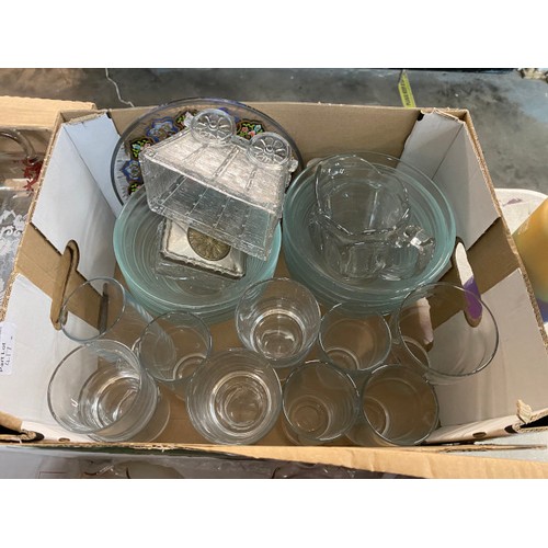 417 - 6 boxes containing vintage glassware, handkerchief vases, cut glass, pressed, Carnival, bottles etc.