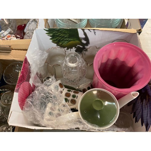 417 - 6 boxes containing vintage glassware, handkerchief vases, cut glass, pressed, Carnival, bottles etc.
