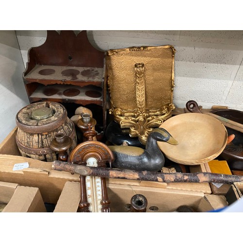 381 - 5 good boxes of treen to include candle stands, fruit bowls, barometer, bellows, tobacco jar etc