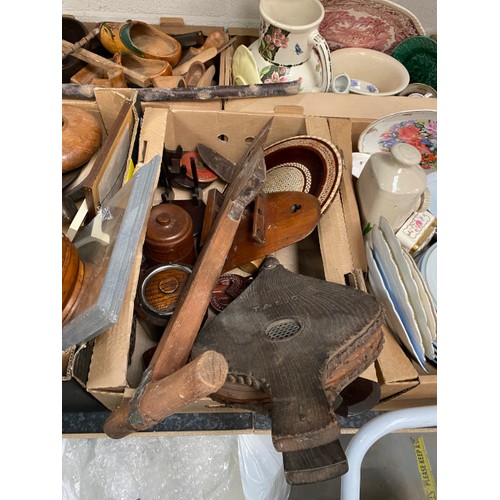 381 - 5 good boxes of treen to include candle stands, fruit bowls, barometer, bellows, tobacco jar etc