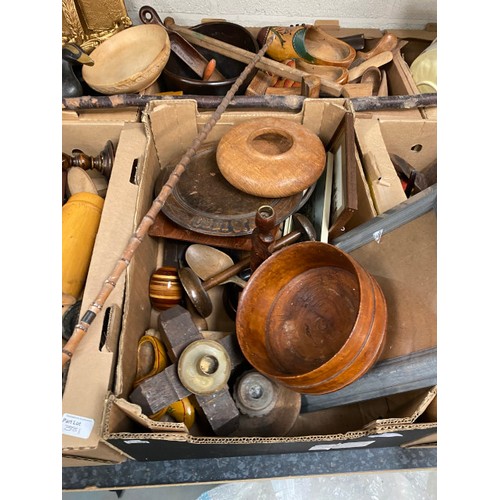 381 - 5 good boxes of treen to include candle stands, fruit bowls, barometer, bellows, tobacco jar etc