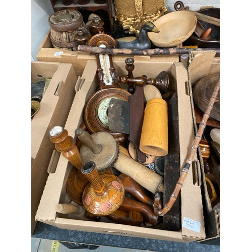 381 - 5 good boxes of treen to include candle stands, fruit bowls, barometer, bellows, tobacco jar etc