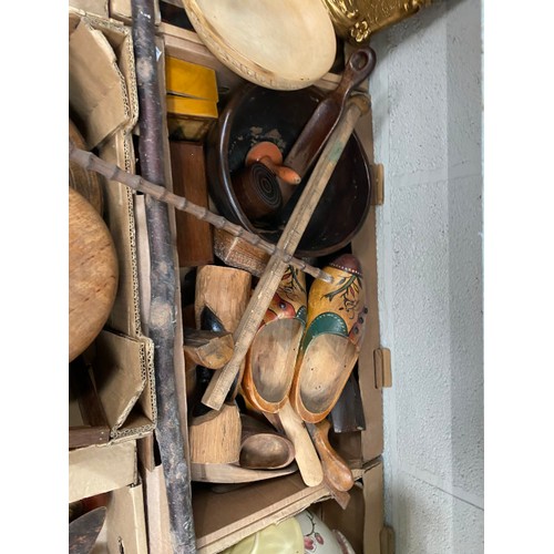 381 - 5 good boxes of treen to include candle stands, fruit bowls, barometer, bellows, tobacco jar etc