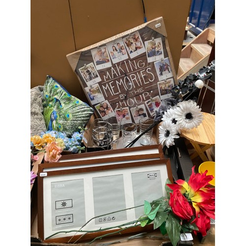 408 - Qty of silk flowers, picture frames, scatter cushions, planters, making memories wall clock, Jonelle... 