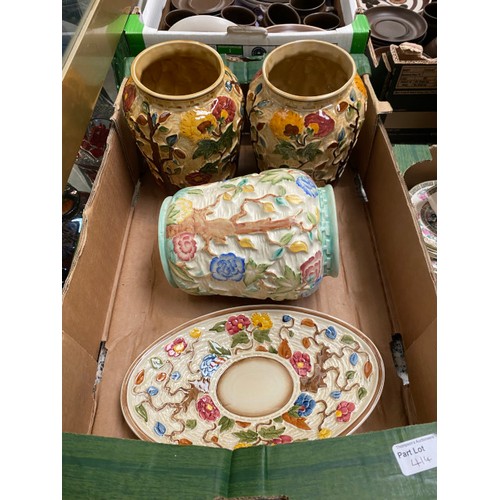 414 - 2 boxes containing 26 pieces of Indian Tree pottery inc. Myott coffee service, pair of H.J. Wood vas... 