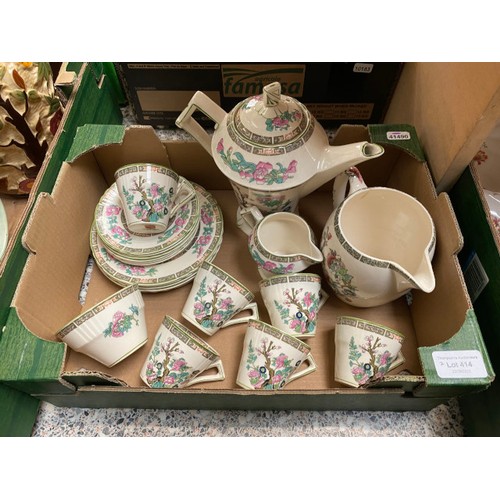 414 - 2 boxes containing 26 pieces of Indian Tree pottery inc. Myott coffee service, pair of H.J. Wood vas... 