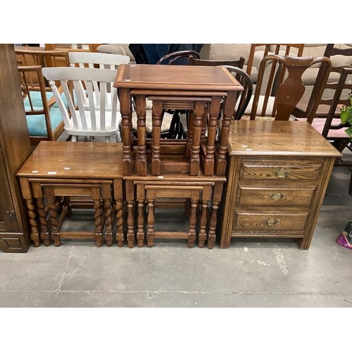 2 oak nest of tables 47H 50W 40D, mahogany nest of tables 40H 55W 38D and  an oak 3 drawer chest 61H