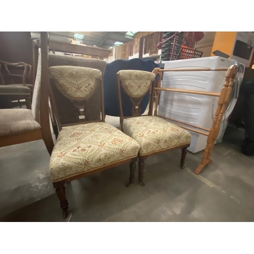 16 - Pair of Victorian upholstered bedroom chairs 43W and a pine towel rail 77H 62W 22D