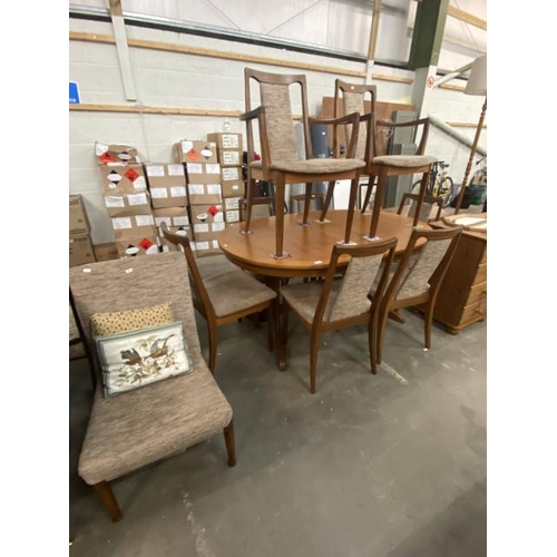 29 - Mid century G Plan teak extending dining table 75H 150W 100D and 8 chairs including 2 carvers and a ... 