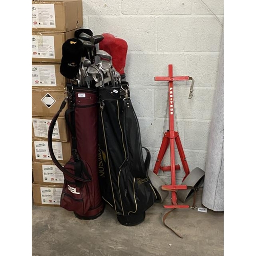 4 - 3 golf bags and clubs including Fazer, MacGregor and Pro Score and a Pro True golf trolley