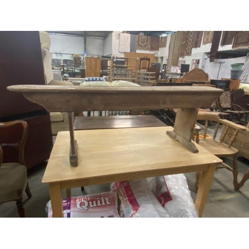 42 - Vintage pine bench 45H 144W 23d (wormed)