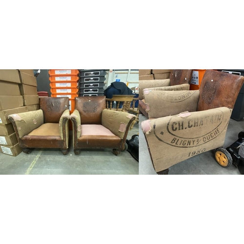 53 - Pair of Art Deco leather/hessian armchairs 74W (as found)