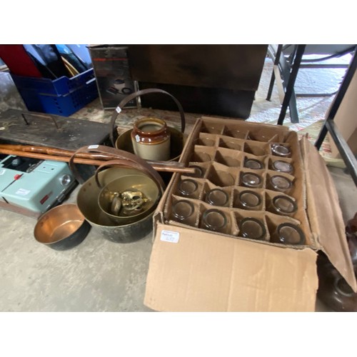 437 - Vintage tools, metal jugs, box of new J2O glasses, jam pans, vintage projector and reel of film 