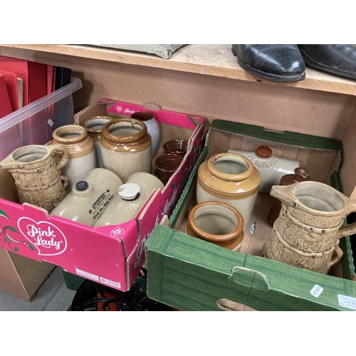 363 - 2 boxes of stoneware jars, jugs & hot water bottles