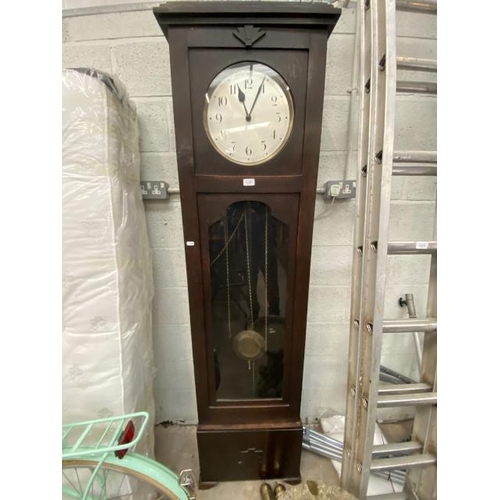 100 - Art Deco oak grandfather clock with pendulum and 2 weights 220H 55W 27D (sold as seen)